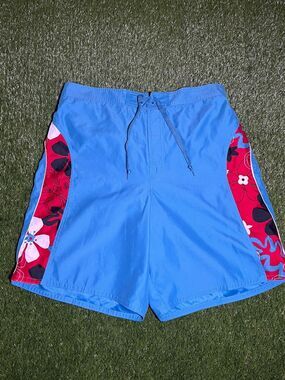 Joe Boxer Y2K Swim Trunks Floral Blue Men's L Drawstring Mesh Lined